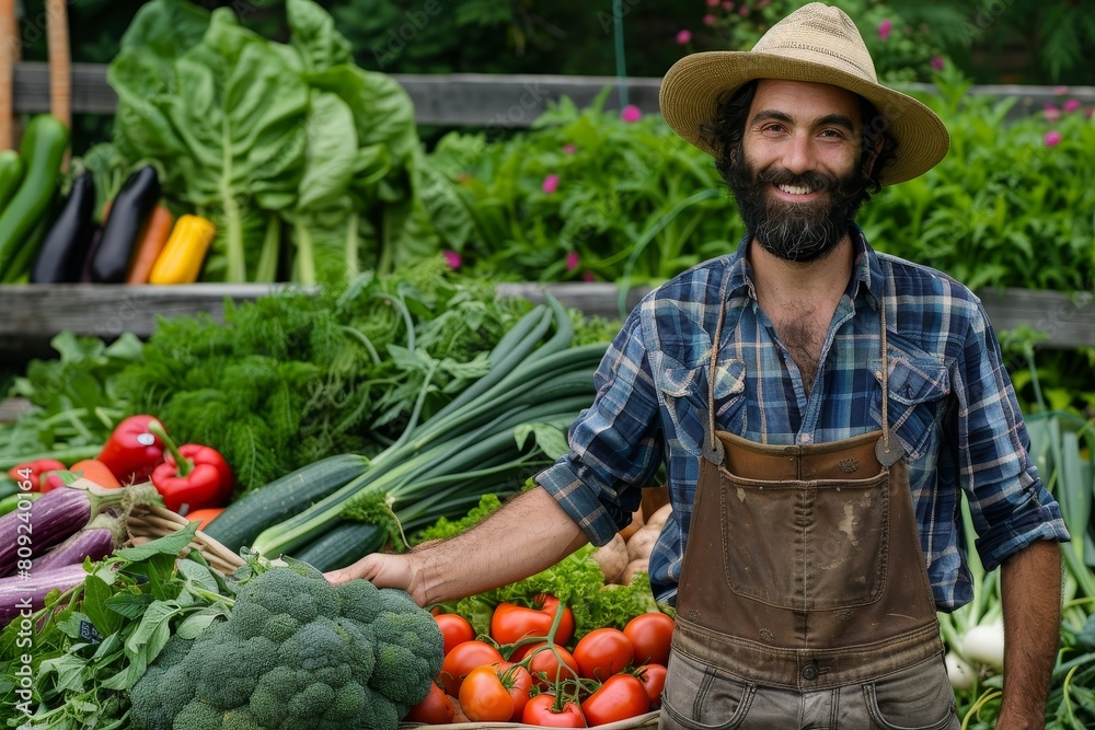 Fototapeta premium A farmer proudly stands in front of a bountiful harvest of freshly picked vegetables, A farmer standing proudly next to a freshly harvested bounty of vegetables