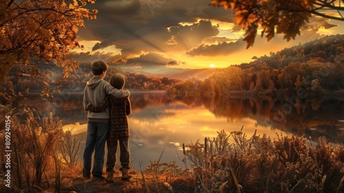 Back view of a boy and girl, arms around each other, looking at a sunset over a lake, fall colors, high angle. © Xyeppup