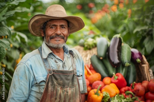 A man proudly stands next to a bunch of freshly harvested vegetables in a field, A farmer standing proudly next to a freshly harvested bounty of vegetables