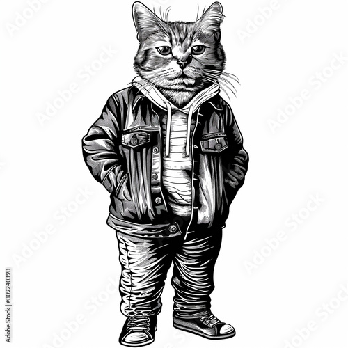 a black and white drawing of a cat wearing a jacket