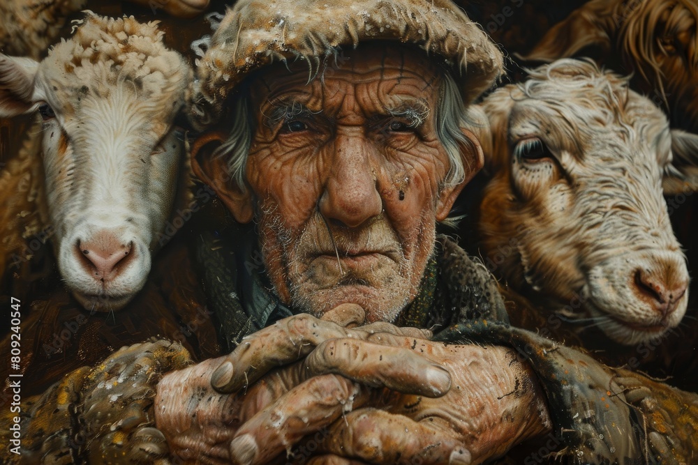 A painting of a farmer standing amidst a flock of sheep, A farmer with calloused hands and a weathered face, surrounded by animals