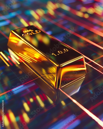 Close-up of a single gold bar, with reflections of a bustling stock exchange graph on its surface, highlighting the direct impact of market movements on gold prices.