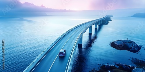 Drone captures car driving on coastal bridge in Norway with stunning ocean view. Concept Travel Photography, Drone Footage, Norway Landscapes, Coastal Bridge, Ocean Views © Ян Заболотний
