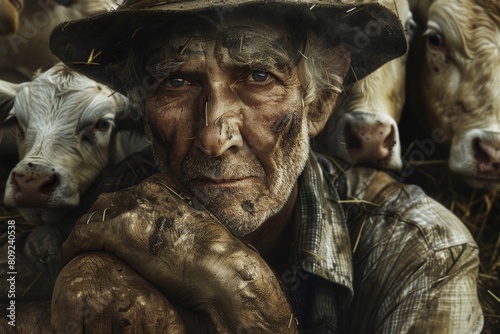 A man in a hat standing among a group of cows in a field, A farmer with calloused hands and a weathered face, surrounded by animals photo