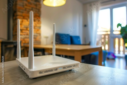 A white router rests on a table in a living room with hardwood flooring