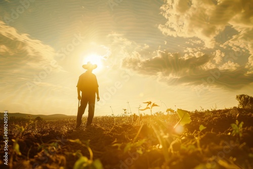 A man stands on a verdant field filled with lush green grass under bright sunlight, A farmer working in their fields under the bright sun
