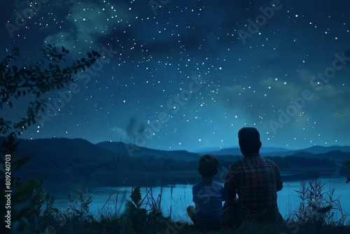 A man and a woman sit on a hill, gazing at the stars in the night sky, A father and child stargazing together on a summer night