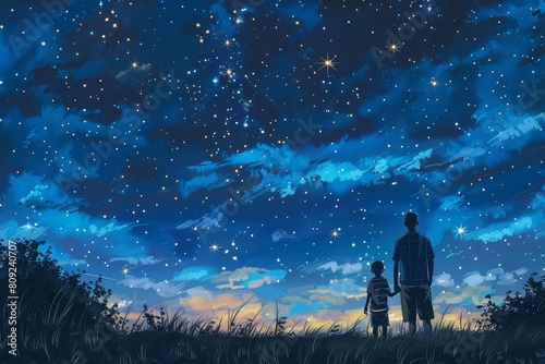 A man and a child looking up at the stars in the night sky, A father and child stargazing together on a summer night