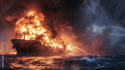 Burning Cargo Ship at Sea - Fire and Smoke on Logistic Vessel