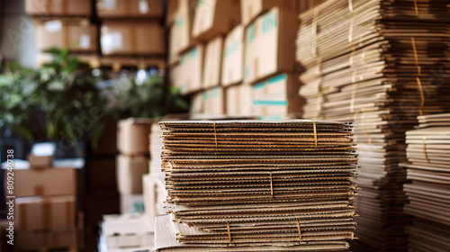 Pile of recycled cardboard boxes at sorage interior.  photo