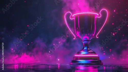 Neon Lit Winner's Cup on Dark Background - Trophy Illumination