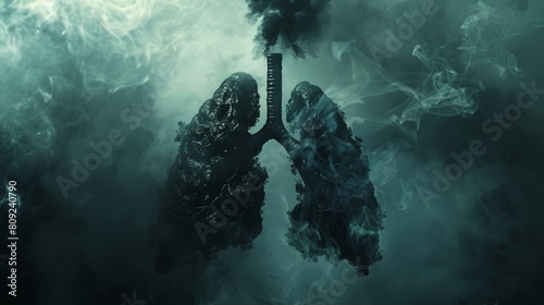Digital rendering of black lungs evolving from smoke in a dark, moody setting, emphasizing the dangers of air pollution