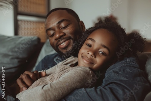 A man and a little girl are seated on a comfortable couch, cuddling and watching something together, A father and daughter cuddling on the couch watching a movie
