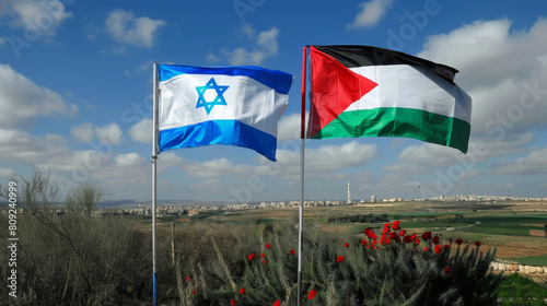 Israeli and palestinian flags in the wind, symbolizing hope for peace in the middle east