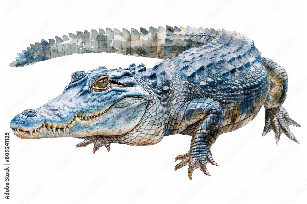 Fototapeta premium Saltwater crocodile, Pastel-colored, in hand-drawn style, watercolor, isolated on white background