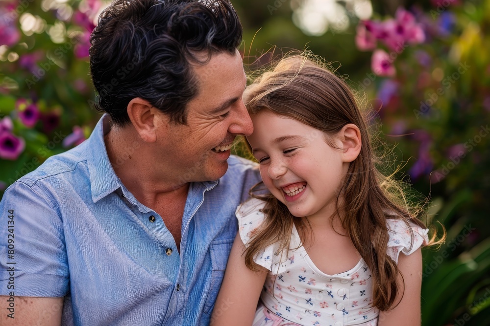A man sitting next to a little girl, both smiling, in front of colorful flowers, A father and daughter laughing together in a colorful garden