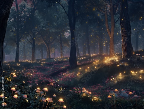 A forest with glowing mushrooms and trees. The glowing mushrooms and trees create a magical and enchanting atmosphere