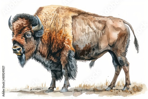American bison,  Pastel-colored, in hand-drawn style, watercolor, isolated on white background photo