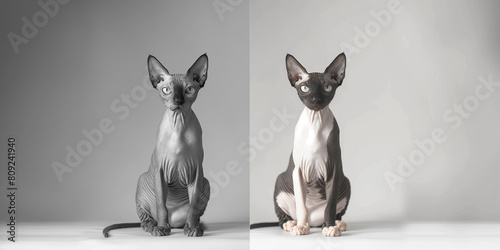 Two sphinx cats sit on a light background, emphasizing their grace and beauty. Panarama. photo