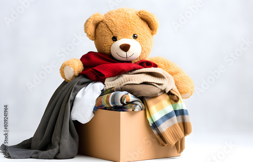 Donation box with used clothes and bear on white blurred backgro photo