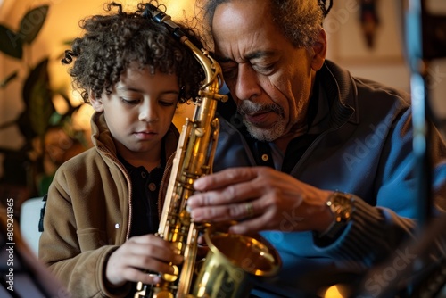 A man playing saxophone with a young boy, bonding over music in a heartwarming moment, A father and son bonding over a shared love of music, playing instruments together