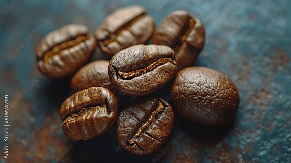 Blue counter top with two piles of coffee beans Blue counter top with two piles of coffee beans