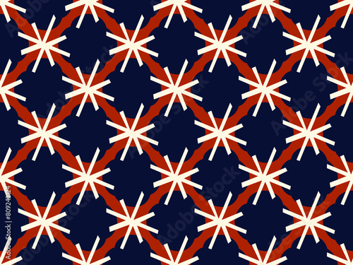 Abstract blue flowers seamless pattern geometric floral motif red background. Vintage ornamental design fashion fabric textile swatch decorative ornament. High resolution image, digital illustration.