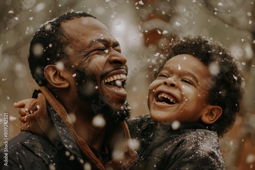 A father and son share a joyful moment together, laughing and joking around in the snowy scenery, A father and son laughing and joking around, enjoying each other's company in a moment of joy