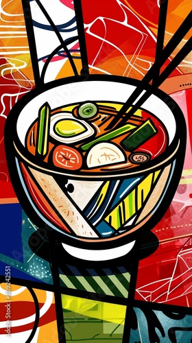 Pop art version of a Tom Yam bowl, bold lines and bright color blocks, modern and stylish representation