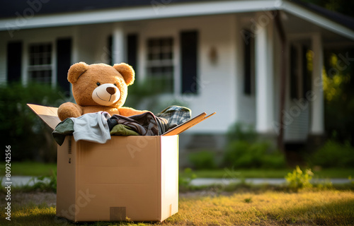 Donation box with used clothes and bear on light nature blurred photo