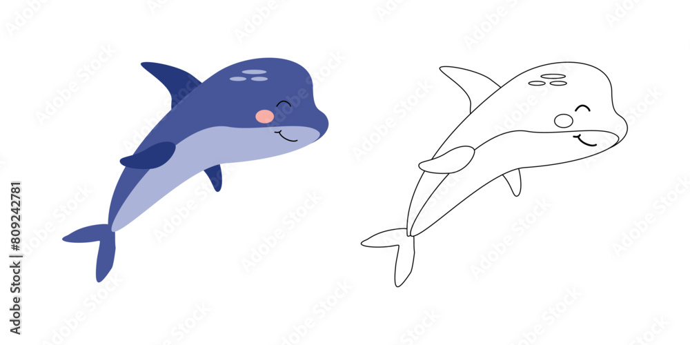 Fototapeta premium Cute dolphin character, sea animal. Vector cartoon illustration for children's coloring books, outline and example in color.