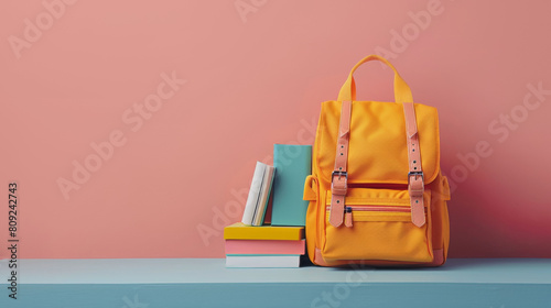 A bright orange backpack sits on a blue shelf next to a stack of colorful books