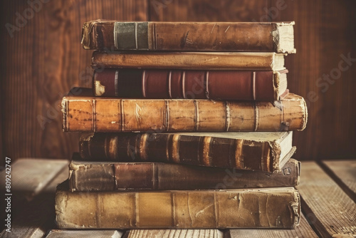 A stack of old, worn books with aged leather covers