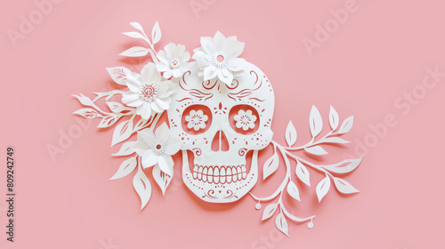 A white paper-cut skull decorated with flowers and leaves