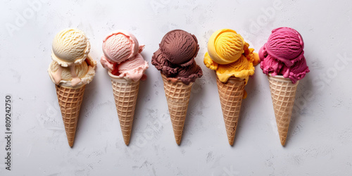 Five ice cream cones with different flavors and colors
