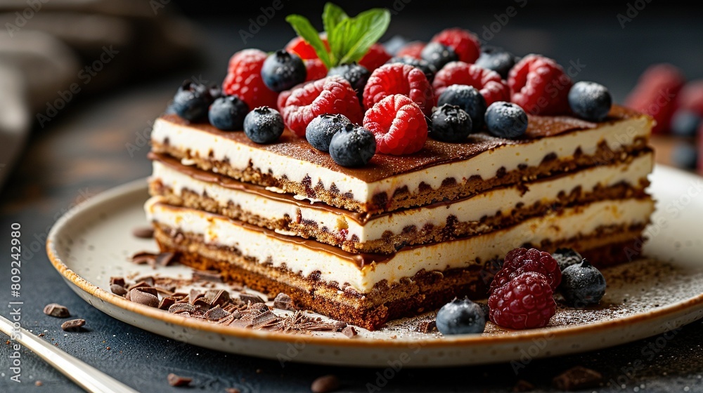  A slice of cake topped with fresh berries and fine chocolate shavings, served on a plate with a fork and spoon