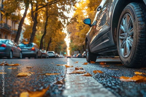 Car on wet asphalt close-up, autumn road outside. Wheel in the foreground © Marat
