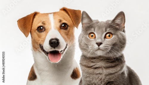 portrait of funny dog jack russell terrier and cheerful cat scottish straight isolated on white backgroun