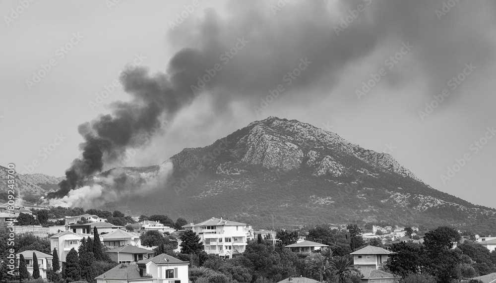 smoke over the mountain in black gray and white