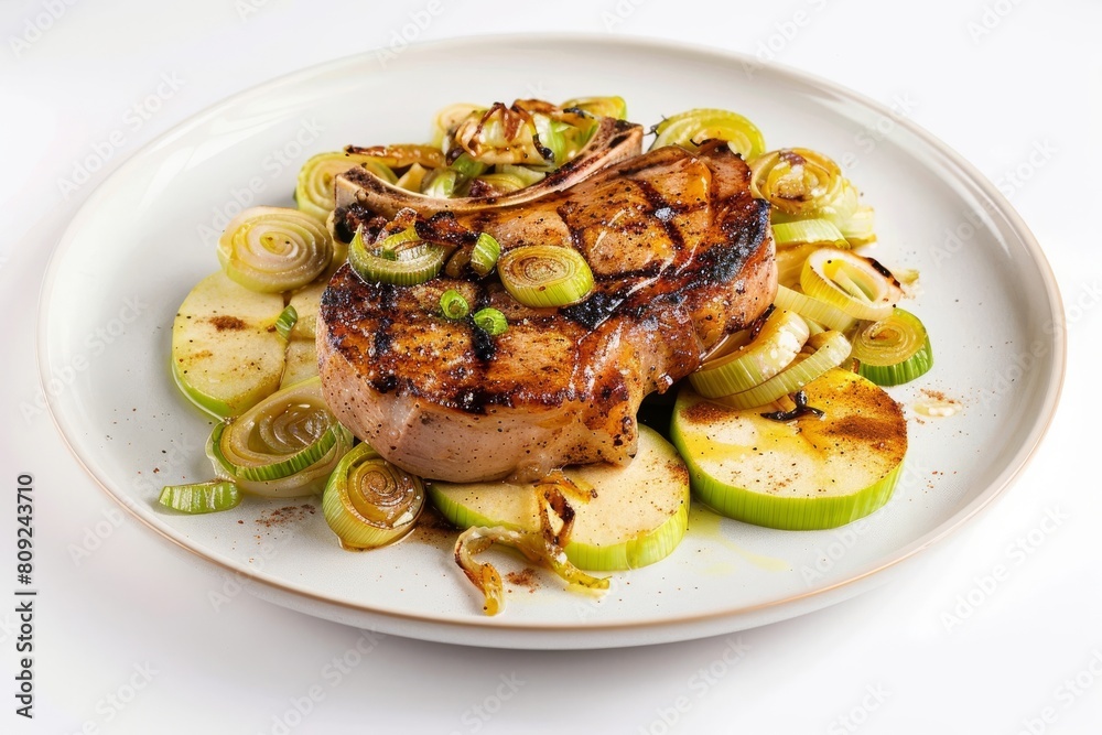 Allspice Pork Chops with Golden Leeks and Apples