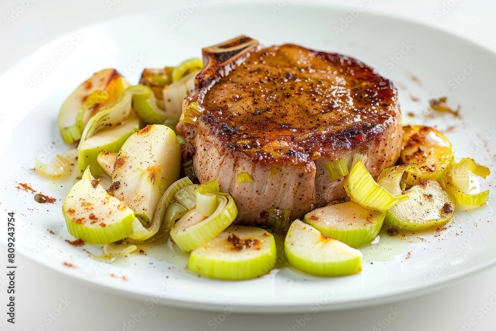 Allspice Pork Chops with Caramelized Leeks, Juicy Apples, and Aromatic Butter