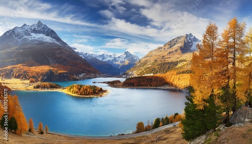 panoramic view of lake sils silsersee in autumn season upper engadine valley switzerland photo