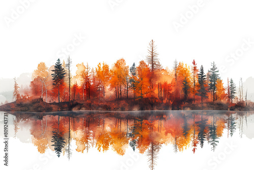 Fall forest tree line isolated on transparent, Autumn Lake Surrounded by Trees With Orange and Yellow Leaves 