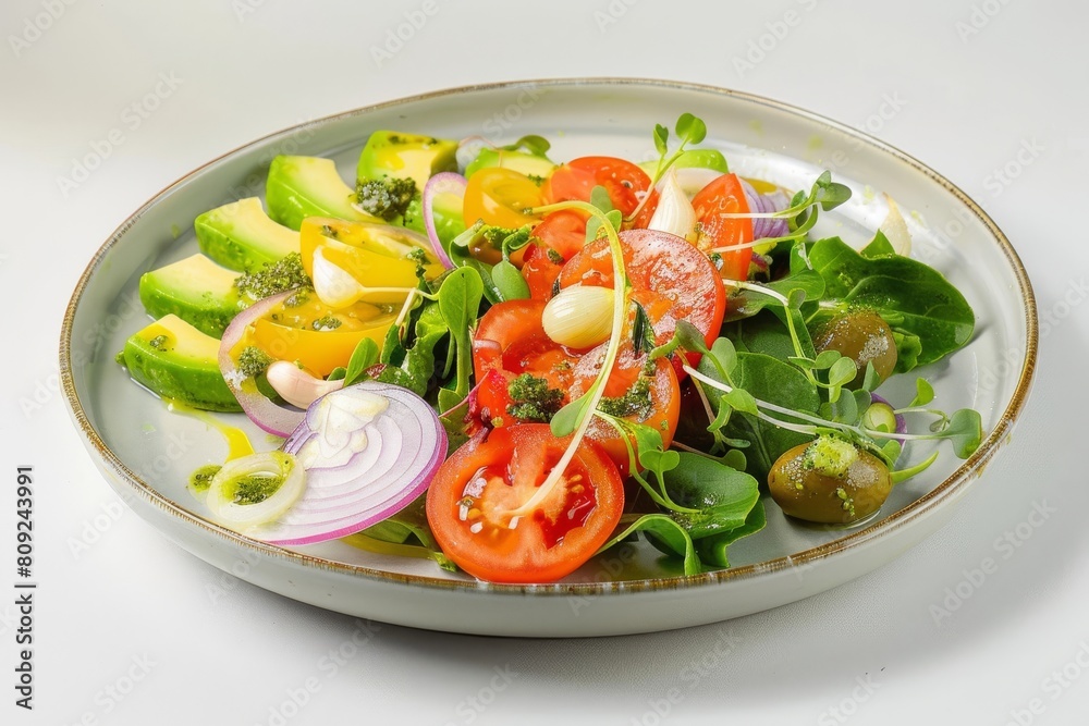 Allium Tossed Salad with Heirloom Tomatoes and Creamy Avocado