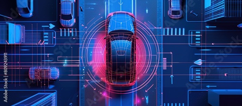 Smart car with HUD autonomous driving sensors radar and city road graphics. Smart car technology concept.