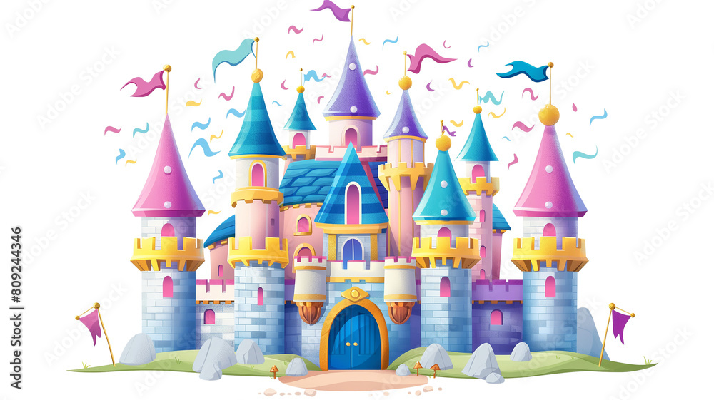 Colorful Fairytale Castle with Flying Flags isolated on a transparent background