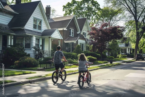 A man and a little girl riding bicycles together on a street, A father teaching his daughter how to ride a bicycle in their neighborhood