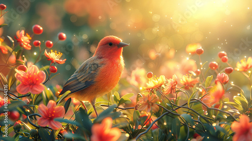beautiful pink bird on a branch, warm lighting and blurred background