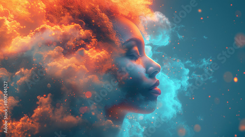 double exposure of woman profile and clouds, mental health awareness