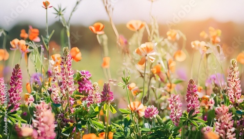 colorful flowers close up on sunny meadow natural abstract background beautiful rustic floral countryside landscape pink clover and peas mouse flowers or vicia cracca plants grow in field banner photo
